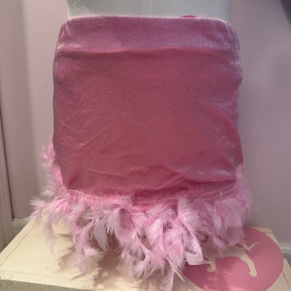 NWT Sugar Thrillz Pink Velvet Mini Skirt with Feather Trim